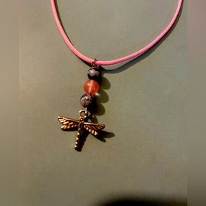 Snowflake obsidian and strawberry Quartz dragonfly necklace